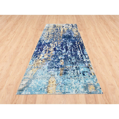 3'10"X11'8" Hand Knotted Mosaic Design Wool And Silk Oriental Runner Rug