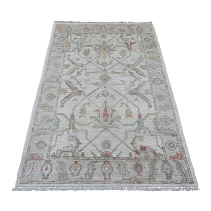 4'x6' Oyster White Afghan Angora Oushak Vine Design Hand Knotted Wool Rug