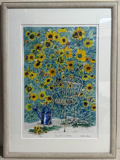 Helen Paul "Sunflower Patch" Signed Limited Edition Print Lithograph Cat Garden
