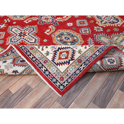 8'1"X10' Geranium Red Hand Knotted Shiny Wool Kazak Design Oriental Rug