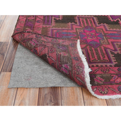 3'5"X9'5" Pink Hand Knotted Vintage Farsian Worn Wool Wide Runner Rug