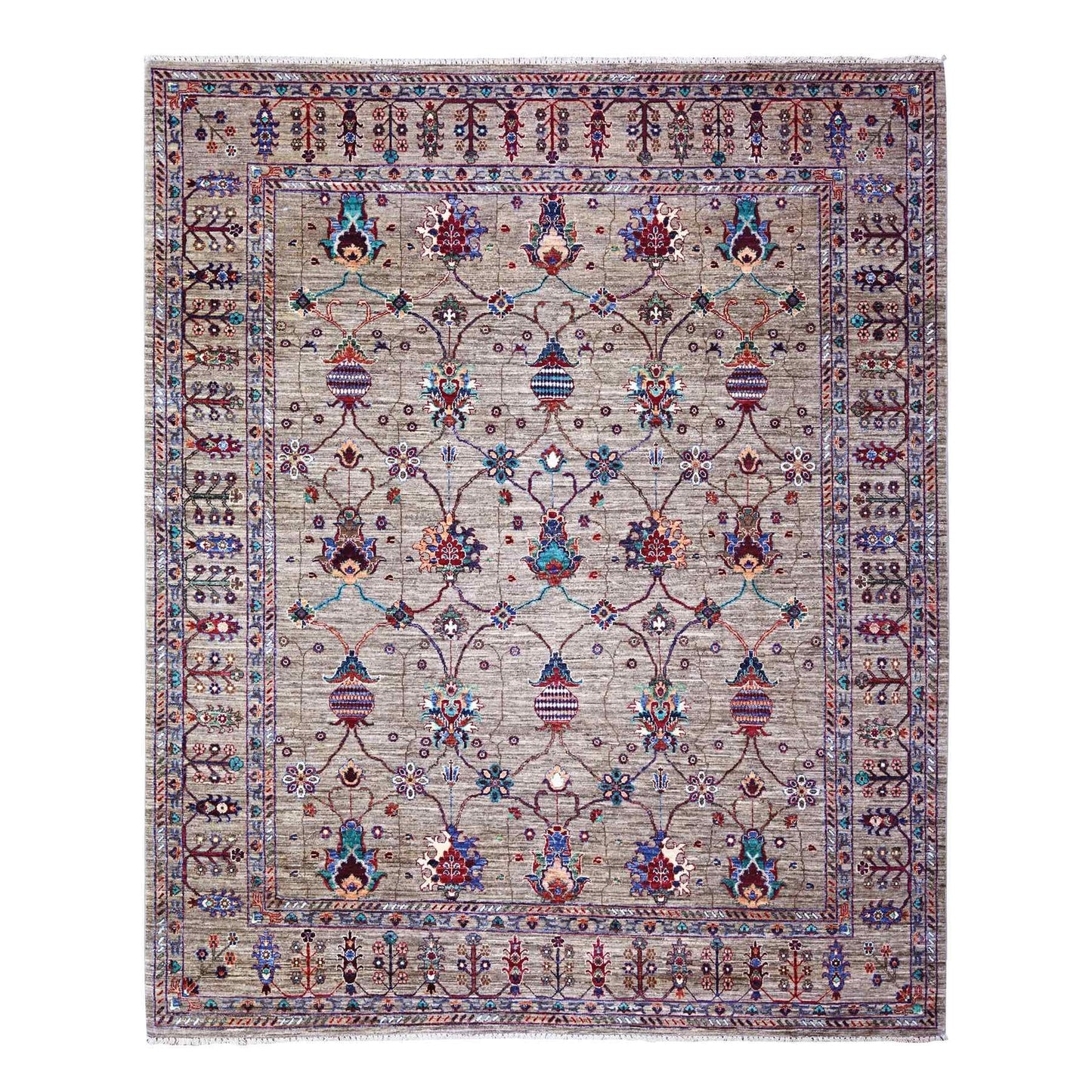 7'9"X9'6" Carbon Gray Hand Knotted Sultani Pomegranate Design Wool Rug