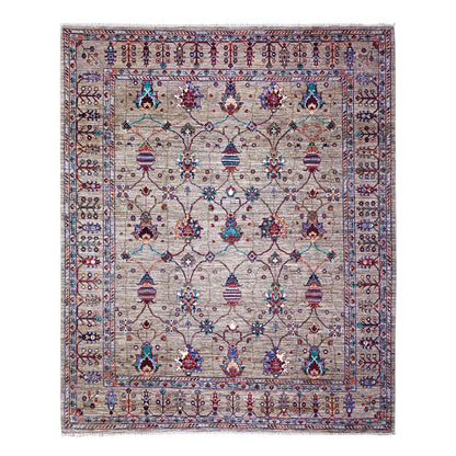 7'9"X9'6" Carbon Gray Hand Knotted Sultani Pomegranate Design Wool Rug
