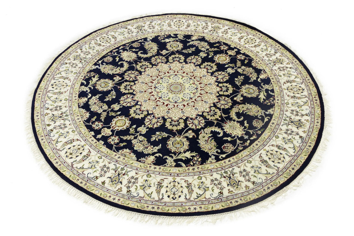 7X7 ft Round Indo-Nain Oriental Rug Handmade Dark Navy Floral Classic Carpet