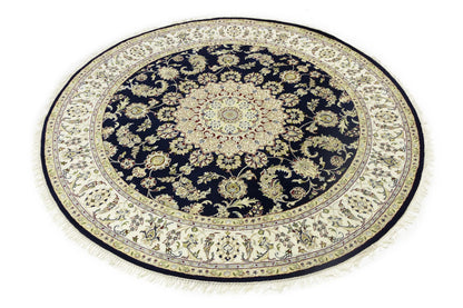 7X7 ft Round Indo-Nain Oriental Rug Handmade Dark Navy Floral Classic Carpet