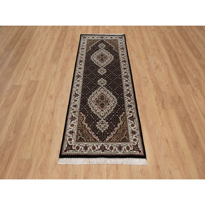Runner 2'7"x6'9" Black Hand Knotted Rug Tebraz Mahi Medallion Design Wool
