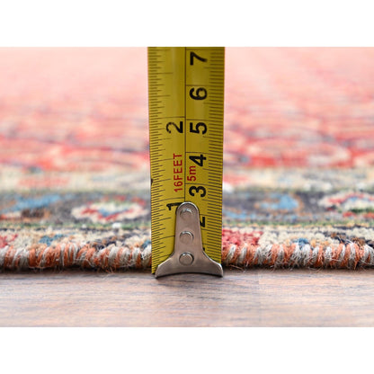 4'1"X6'7" Red Vintage Distressed Senneh Hand Knotted Wide Runner Rug