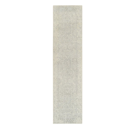 2'6"X10'1" Beige Hand Loomed Wool Silk Fine Jacquard Oriental Runner Rug