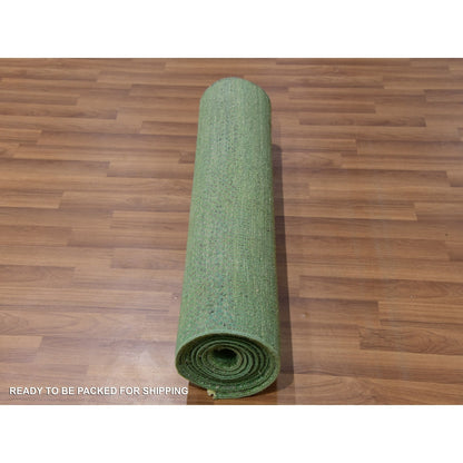 2'9"X10' Blue Dyed Wool And Silk Hand Knotted Grass Design Runner Rug