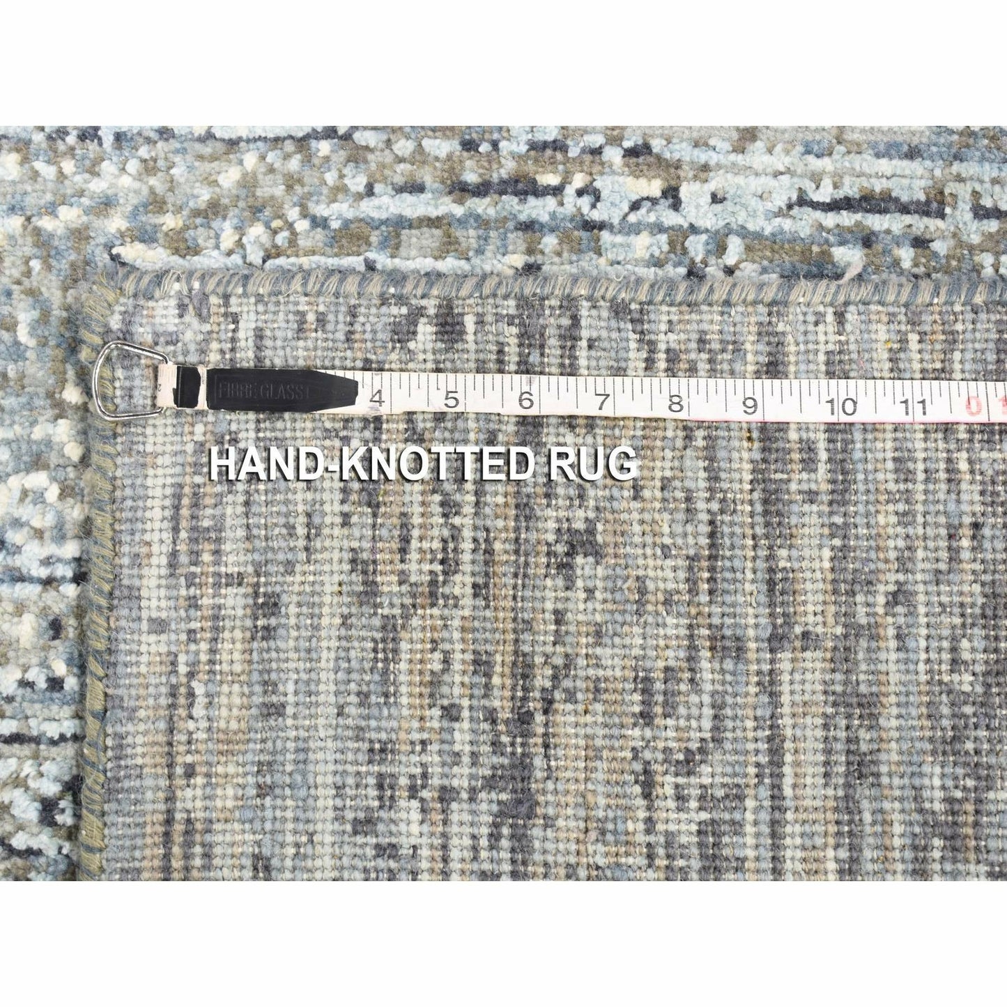 10'x14' Horizontal Ombre Design Hand Knotted Denim Blue Wool and Silk Rug