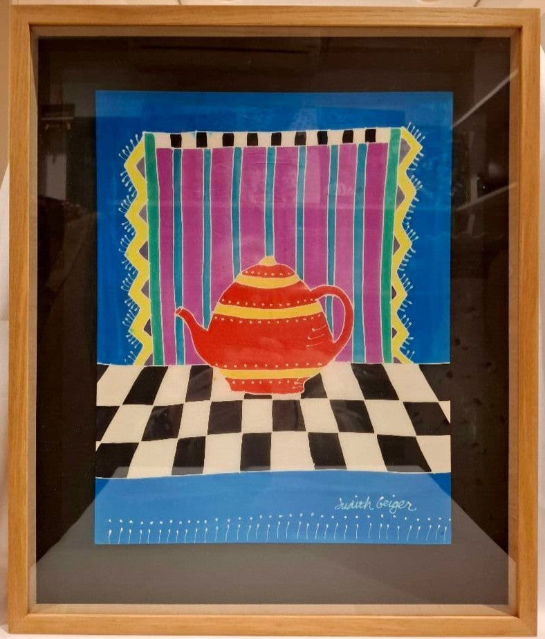 Judith Geiger Signed Framed Silkscreen Teapot Art Textile Art