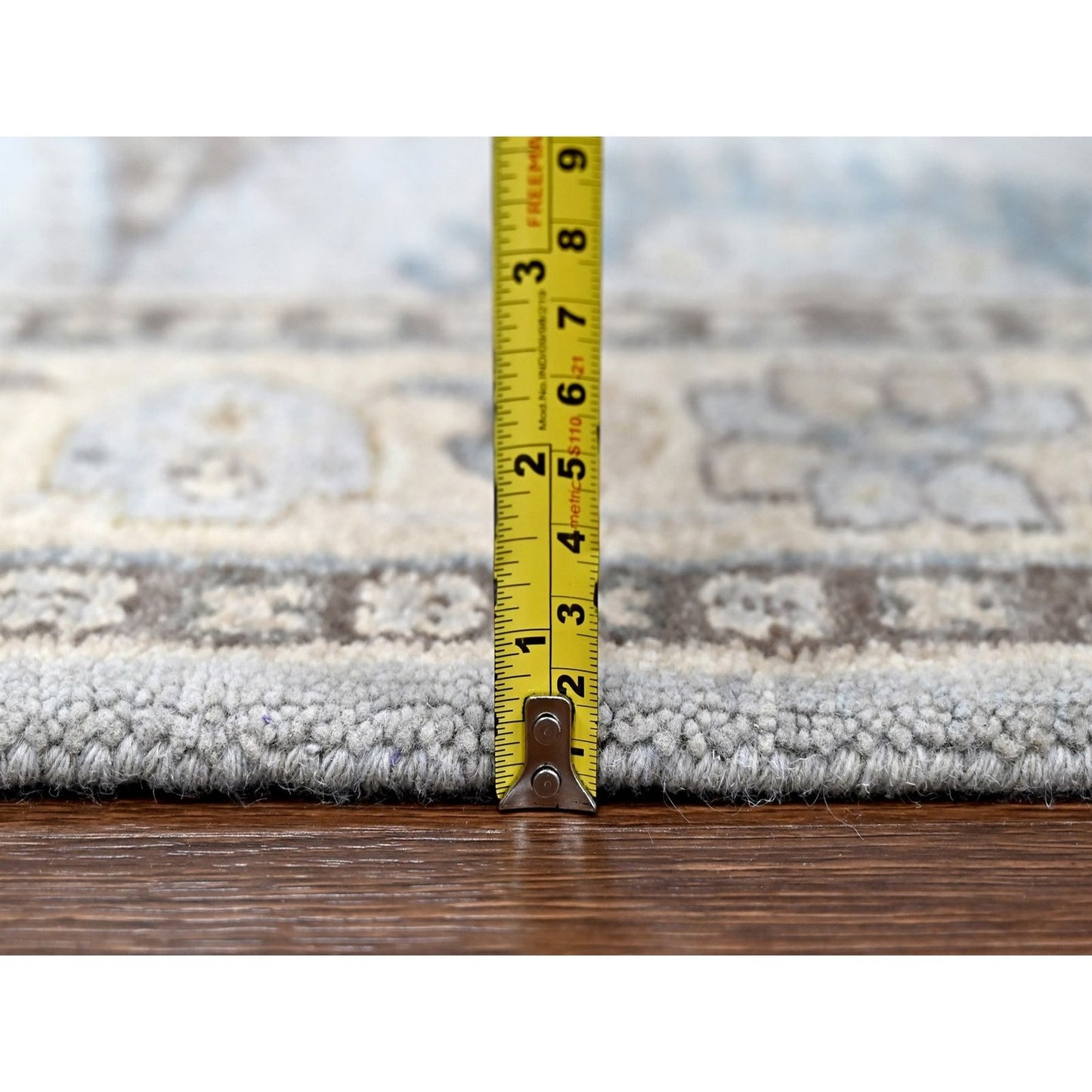 4'1"X6' Gray Village Inspired Geometric Design Pure Wool Hand Knotted Rug