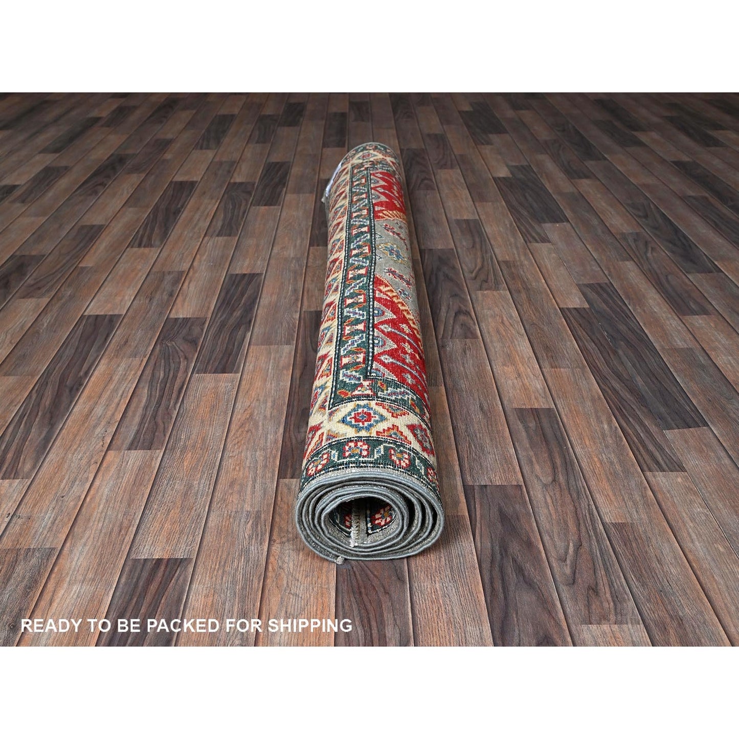 5'1"X7' Gray With Red Kazak Geometric Design Pure Wool Hand Knotted Rug