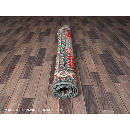 5'1"X7' Gray With Red Kazak Geometric Design Pure Wool Hand Knotted Rug