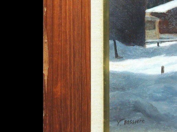 Yvette signed French village oil painting snow landscape