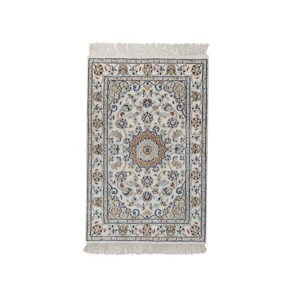 2'X3'1" Ivory Nain With Flower Design Hand Knotted Wool And Silk Mat Rug