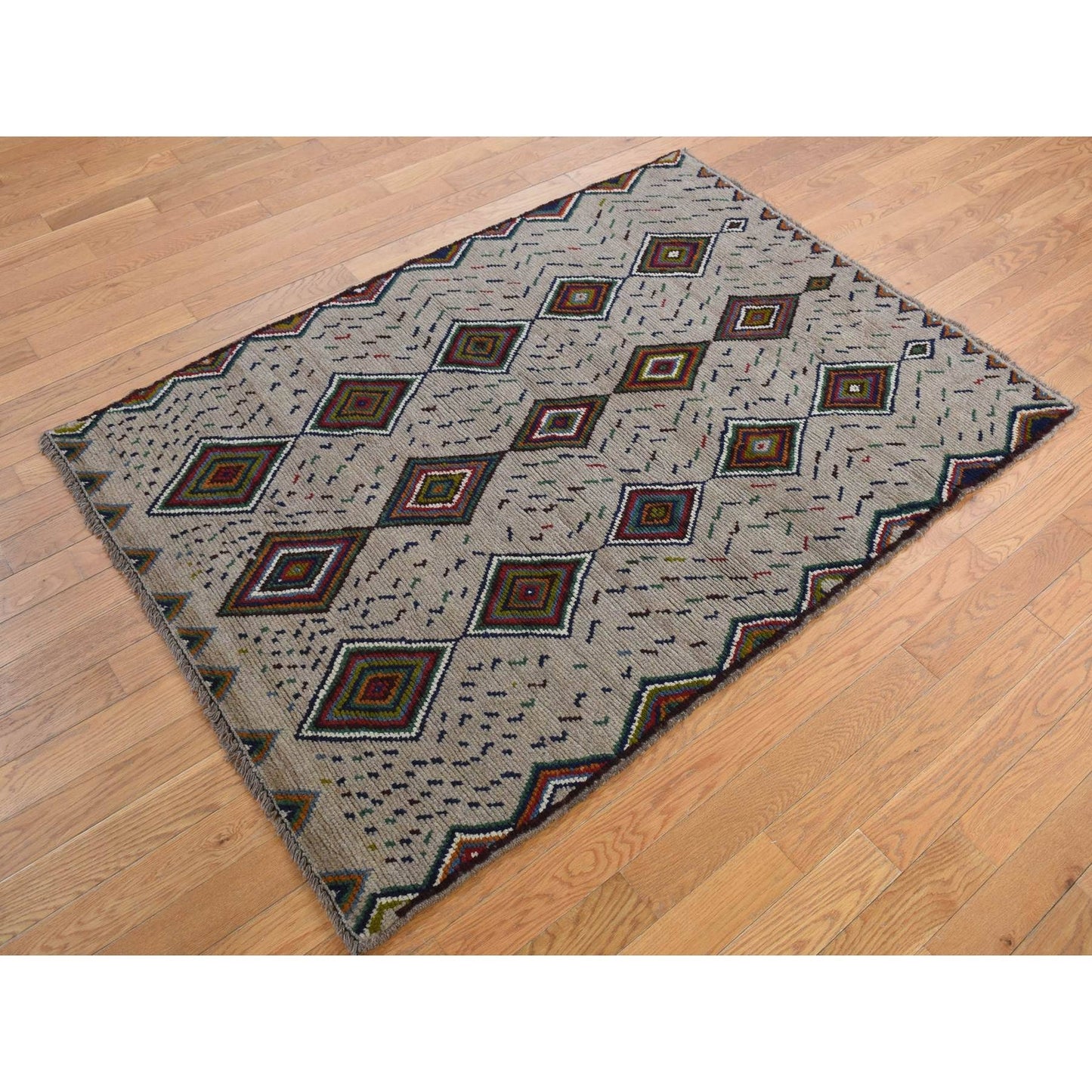 3'10"X5'8" Brown Afghan Balooch Geometric Design Hand Knotted Wool Rug