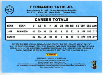Fernando Tatis Jr. Autographed 2020 Panini Donruss Card #86S-Ftj