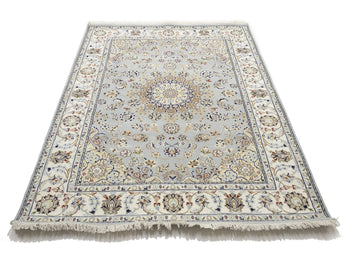 Wool Silk Indo-Nain Blue Gray 5X7 Ft Oriental Rug