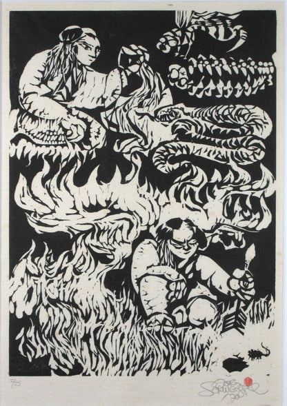 Jorg Schmeisser 1970 Original Woodblock Print Ed25 Pencil Singed Framed