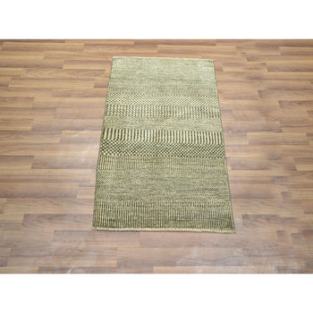 2'X3' Beige Modern Grass Design Hand Knotted Wool And Silk Mat Sample Rug