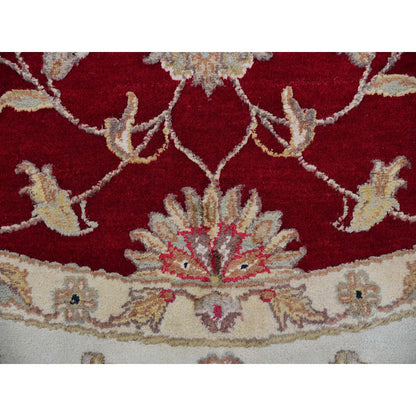8'X8' Red Rajasthan Leaf Design Wool Silk Pile Hand Knotted Round Rug