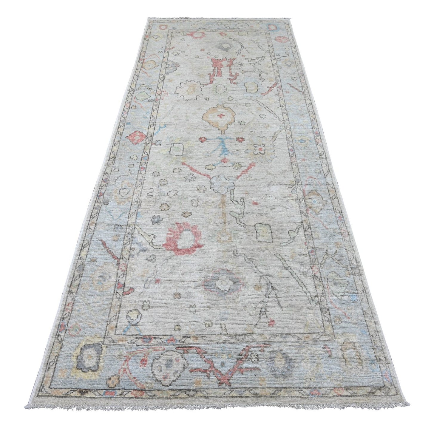 4'x9'7" Light Gray Angora Oushak Leaf Design Hand Knotted Wool Runner Rug