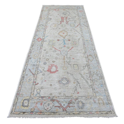 4'x9'7" Light Gray Angora Oushak Leaf Design Hand Knotted Wool Runner Rug