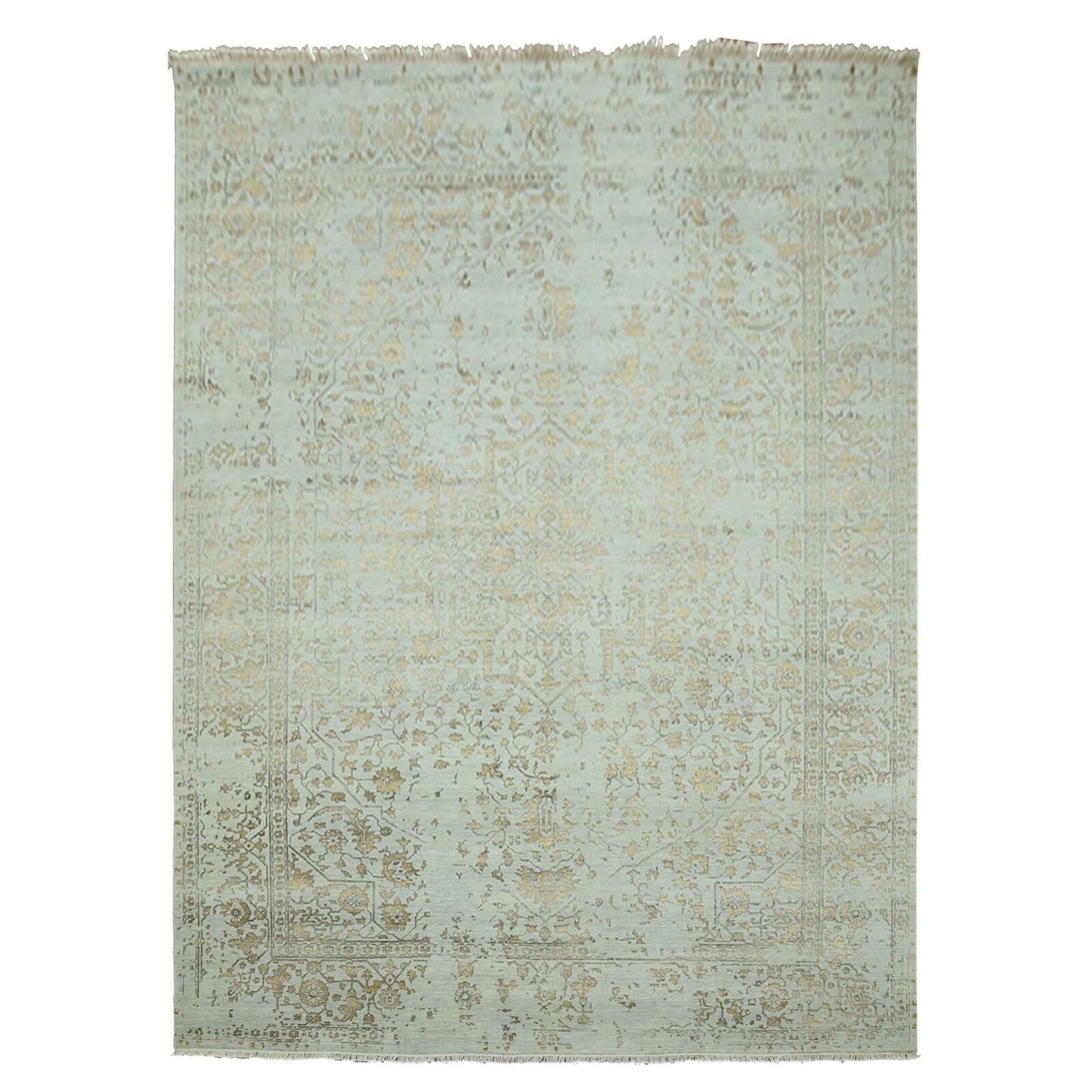 10'X14' Gray Hand Knotted Zoroastrian Heris Design Wool And Silk Rug
