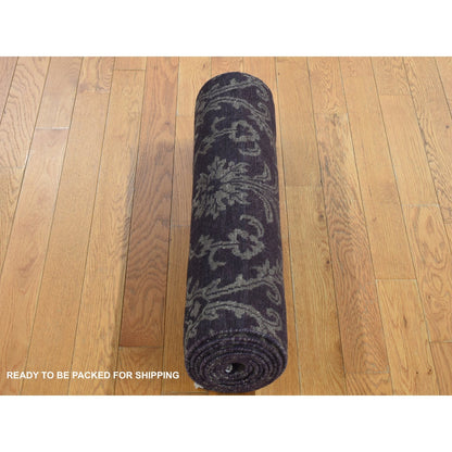 2'5"X9'8" Brown Damask Tone On Tone Wool And Silk Hand Knotted Runner Rug