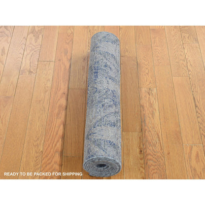 2'6"X6' Blue Silk With Wool Erased Rosette Design Hand Knotted Runner Rug