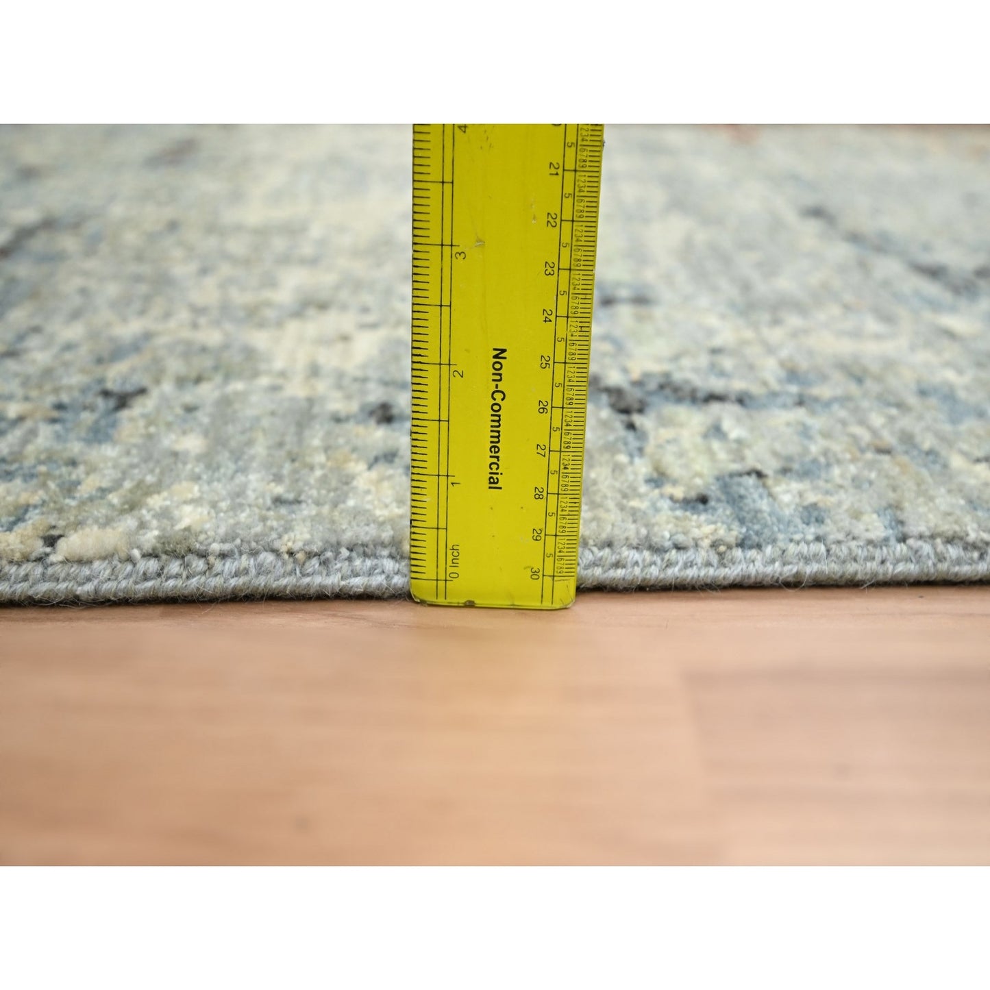 2'6"X12'2" Beige With Blue Abstract Design Wool Hand Knotted Runner Rug