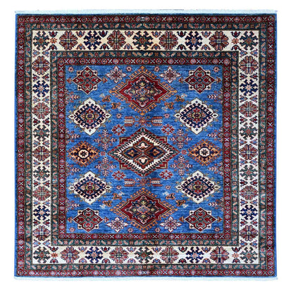 6'X6' Blue Hand Knotted Super Kazak Tribal Elements Square Oriental Rug