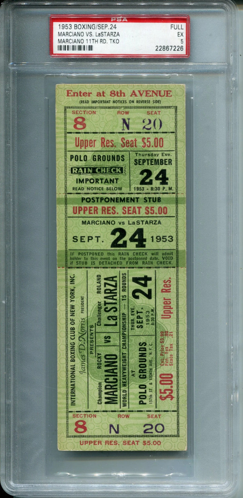 1953 Rocky Marciano Vs Roland Lastarza Full Boxing Ticket Psa 5