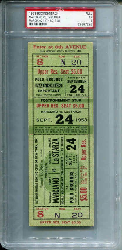 1953 Rocky Marciano Vs Roland Lastarza Full Boxing Ticket Psa 5