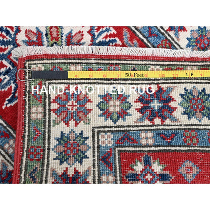 2'1"X6' Red Kazak With Tribal Design Hand Knotted Soft Wool Runner Rug