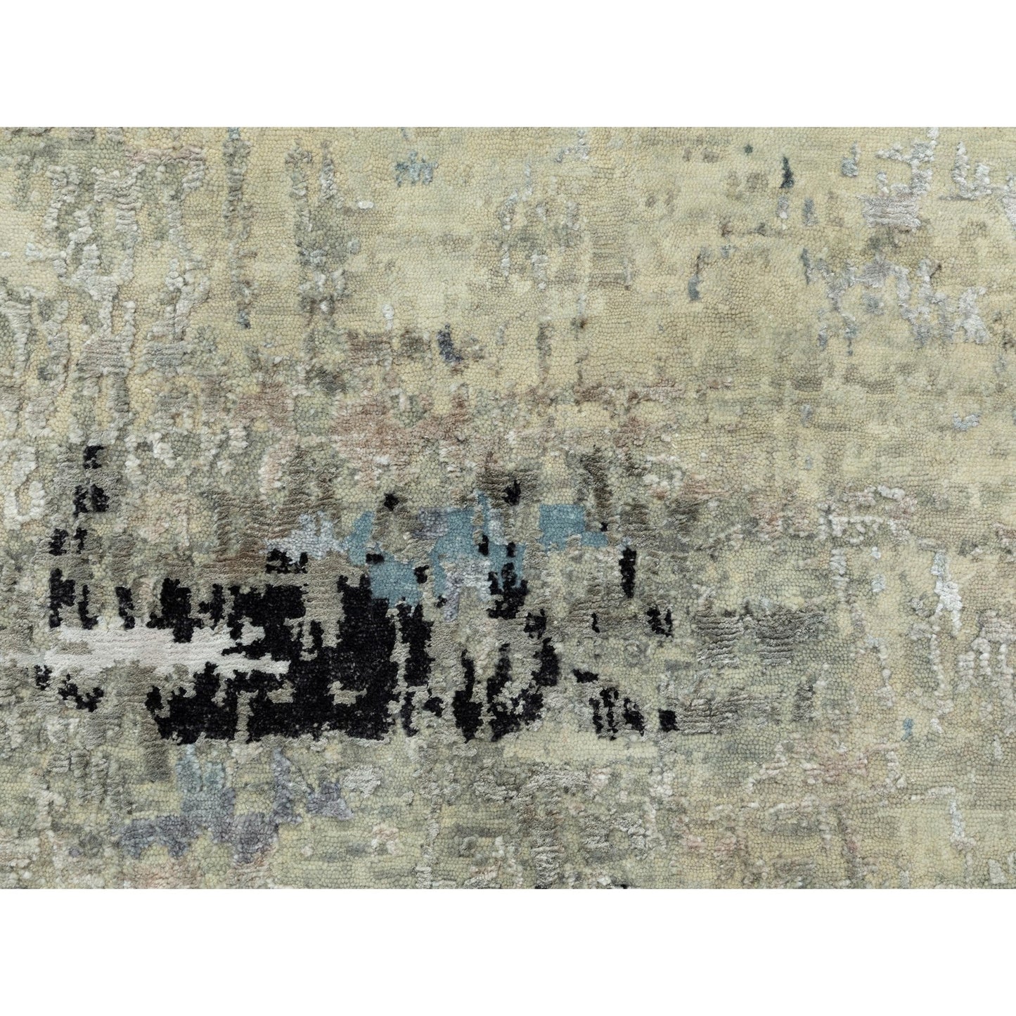 2'5"X9'9" Abstract Design Silver-Blue Hand Knotted Wool-Silk Runner Rug