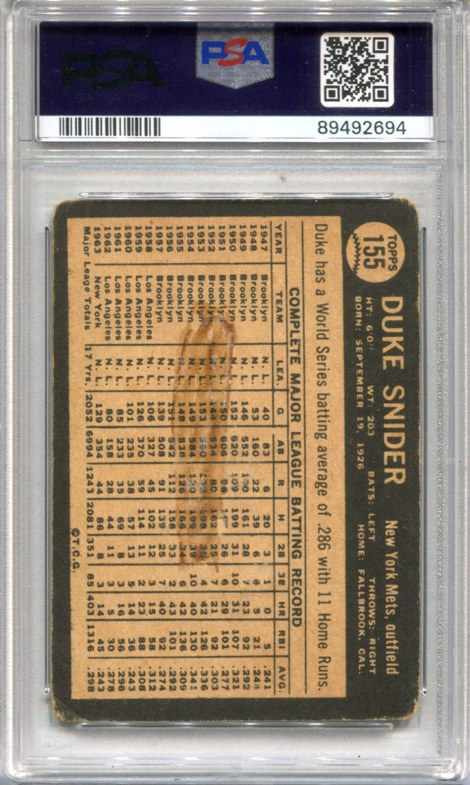 Duke Snider 1964 Venezuela Topps #155 Psa 1.5 Card