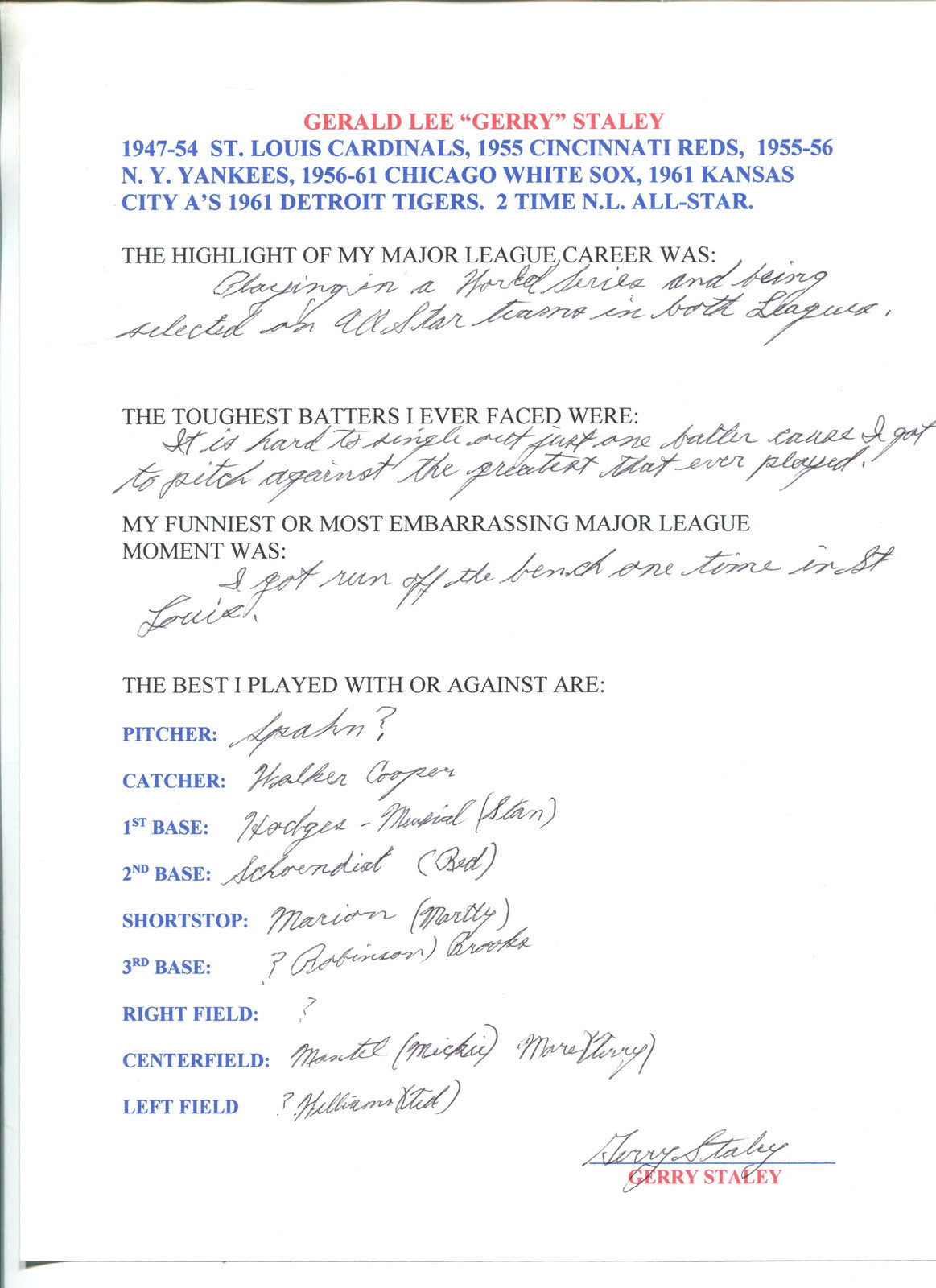 Gerry Staley Autographed Hand Filled Out Survey