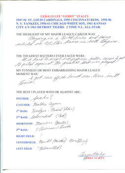 Gerry Staley Autographed Hand Filled Out Survey