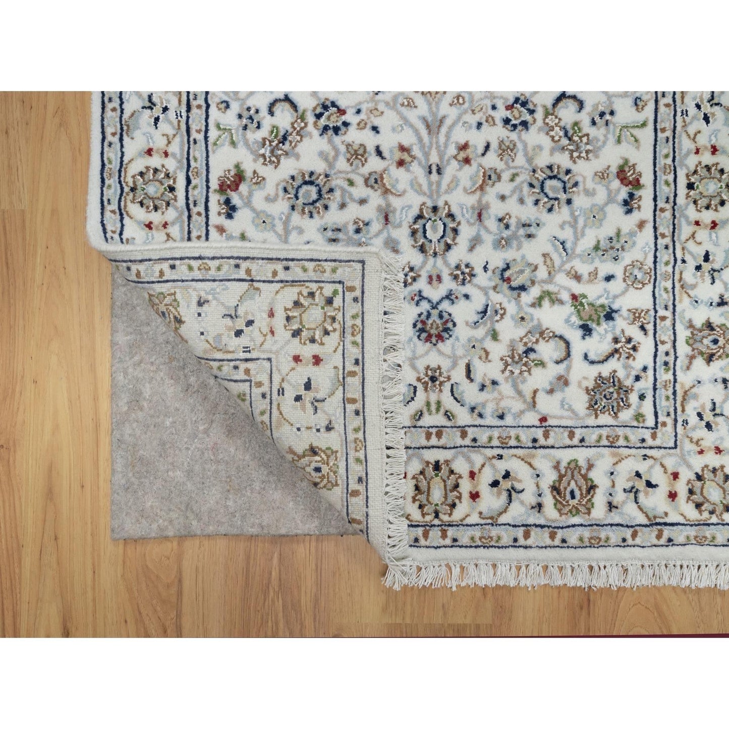 2'9"X14' White Wool And Silk Nain Flower Design Hand Knotted Runner Rug