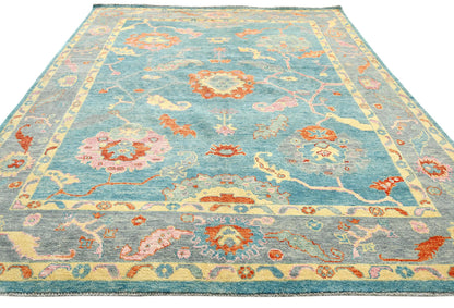 Handmade Muted Blue Floral Oushak Chobi Oriental