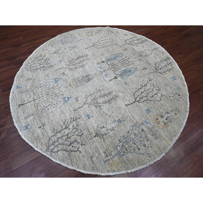 8'X8' Oyster Gray Peshawar Tree Design Hand Knotted 100% Wool Round Rug
