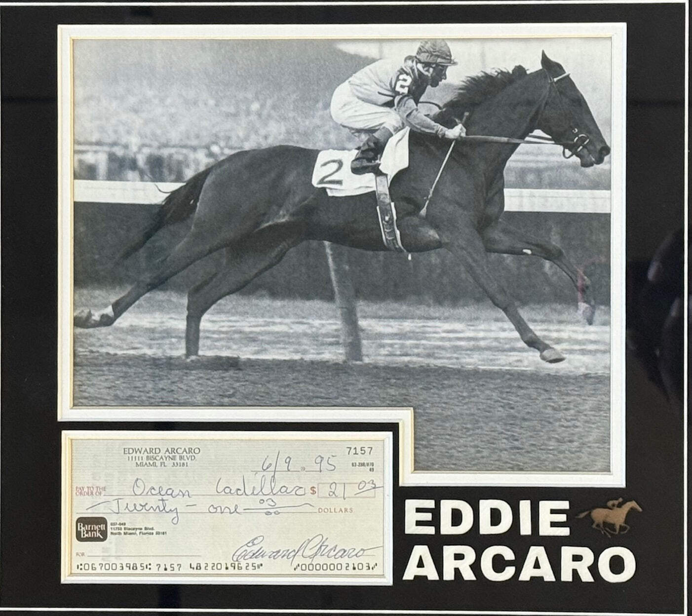 Eddie Arcaro Autographed Check Framed With Unsigned 8X10 Photo