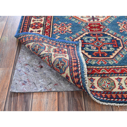 2'8"X4' Blue Kazak With Tribal Design Hand Knotted Soft Wool Sample Rug