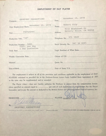 Robert Culp Autographed Contract (Jsa)
