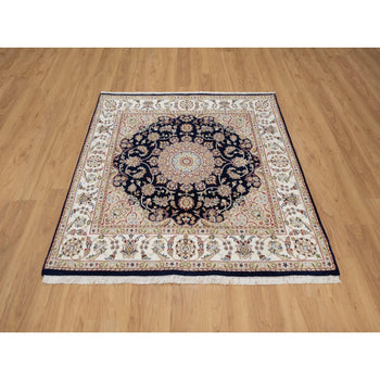 5'X5' Blue Wool And Silk Hand Knotted Nain With Flower Design Square Rug