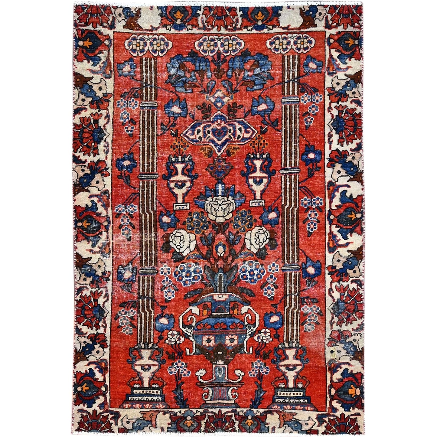 4'X5'10" Bullseye Red Old Zoroastrian Bakhtiari Soft Wool Oriental Rug