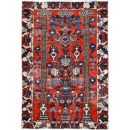 4'X5'10" Bullseye Red Old Zoroastrian Bakhtiari Soft Wool Oriental Rug