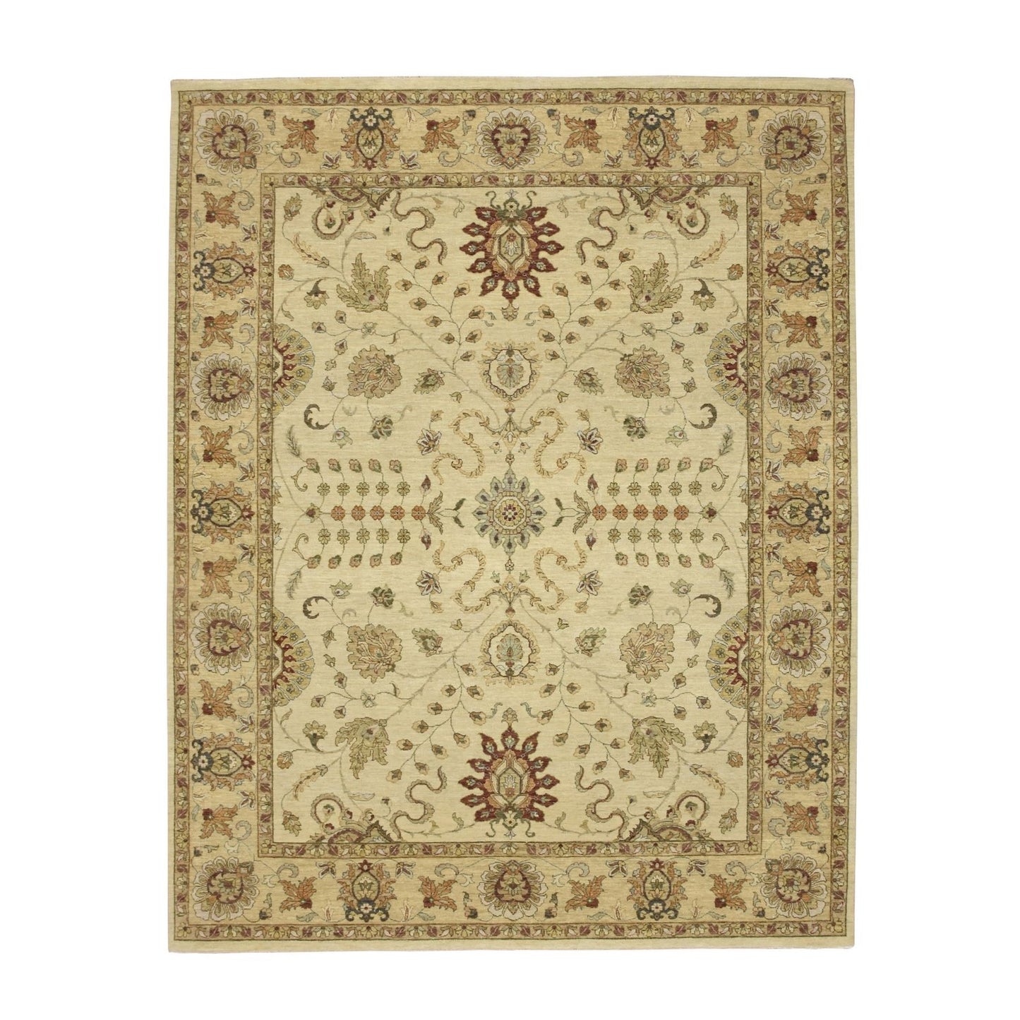 8'X10' Ivory Hand Knotted Agra Ziegler Design Leaf Pattern Pure Wool Rug